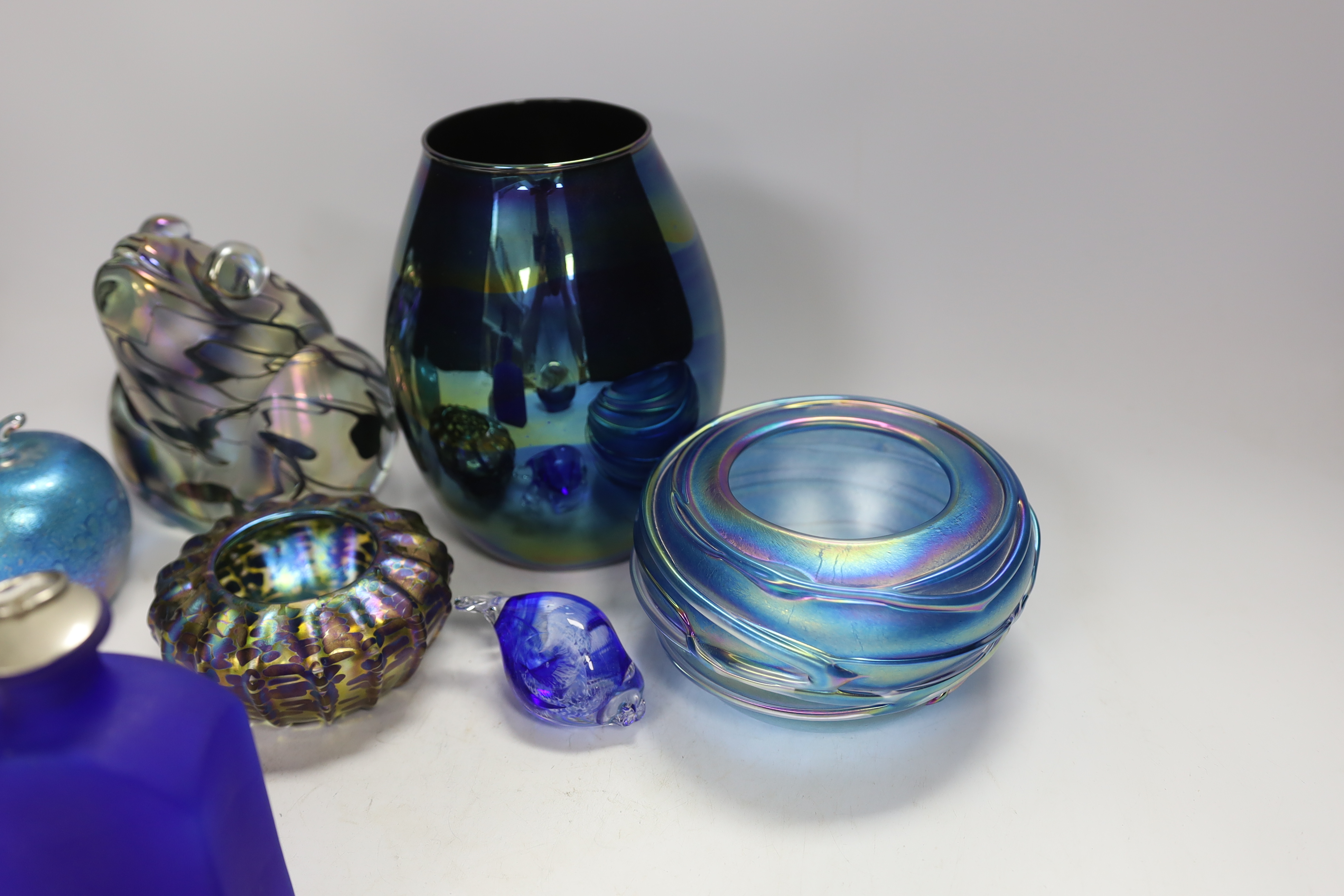 Eight items of ornamental glass including five John Ditchfield Glasforms, tallest 17.5cm